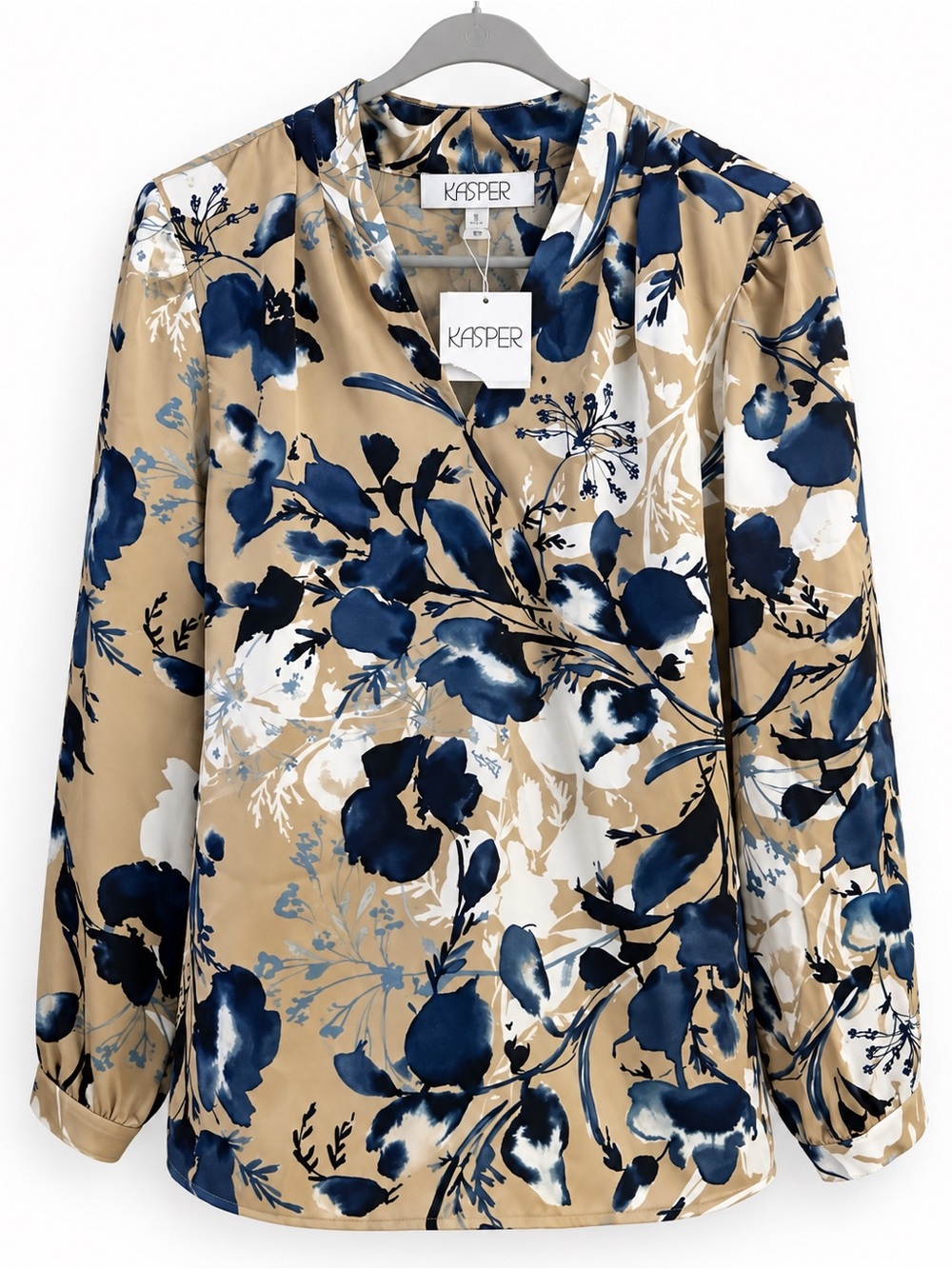 Kasper Size S Tan Navy Floral Long-Sleeve V-Neck Blouse NWT